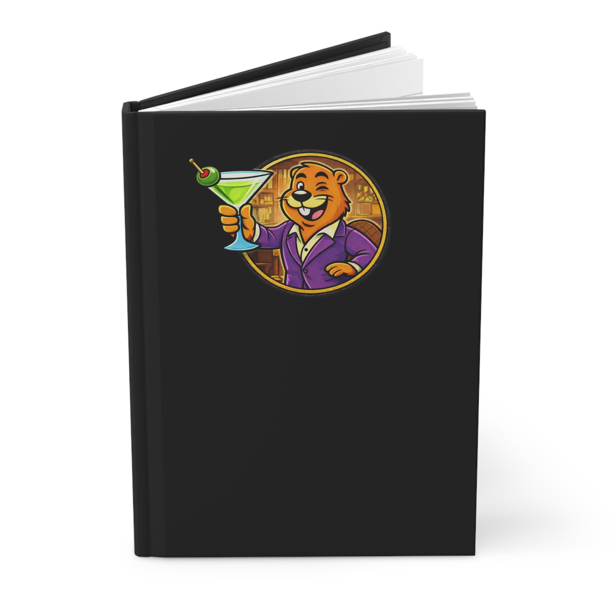Swanky Beaver Hardcover Journal — Cocktail Toast Mascot Notebook (Matte Black)