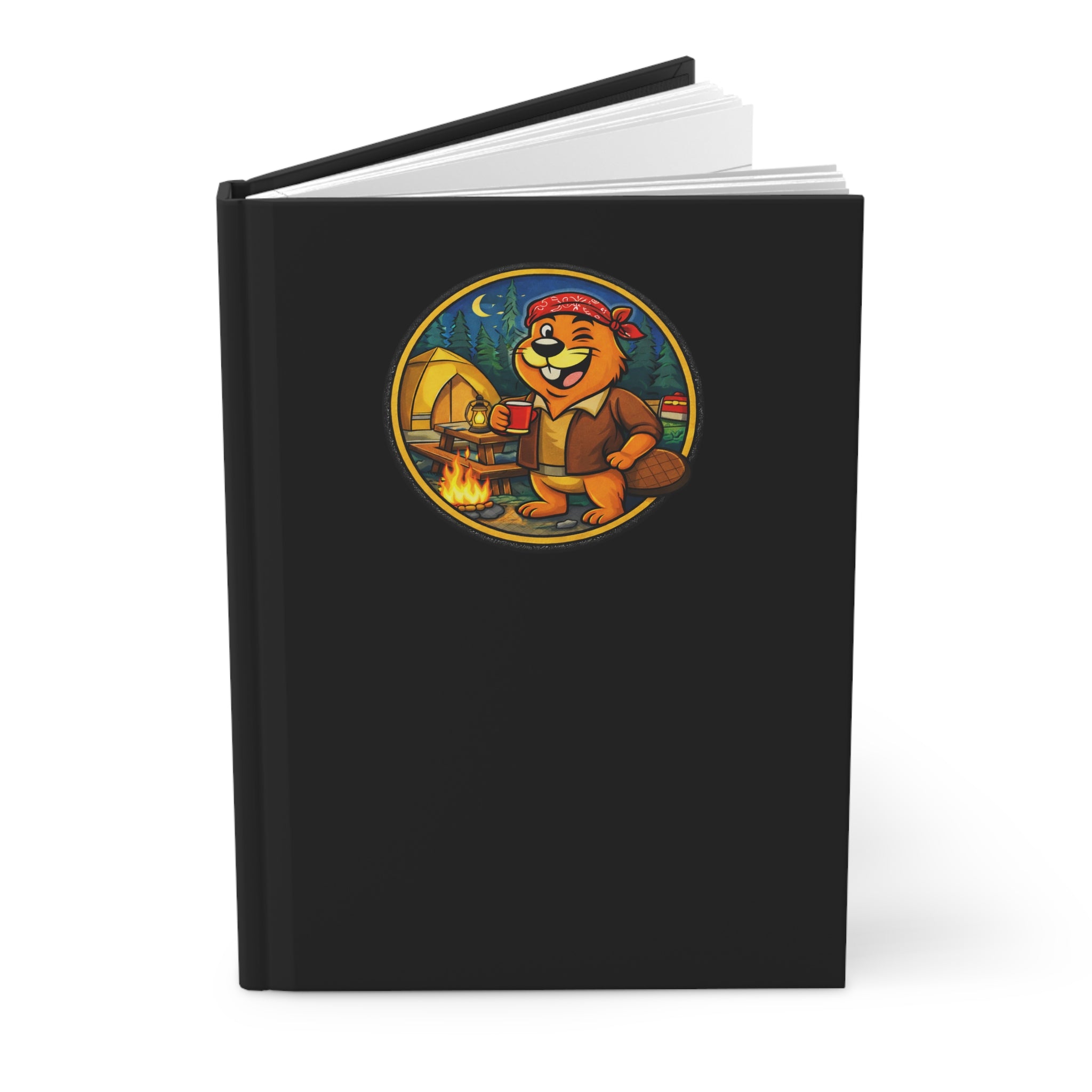 Swanky Beaver Hardcover Journal — Camping Mascot Notebook (Matte Black)
