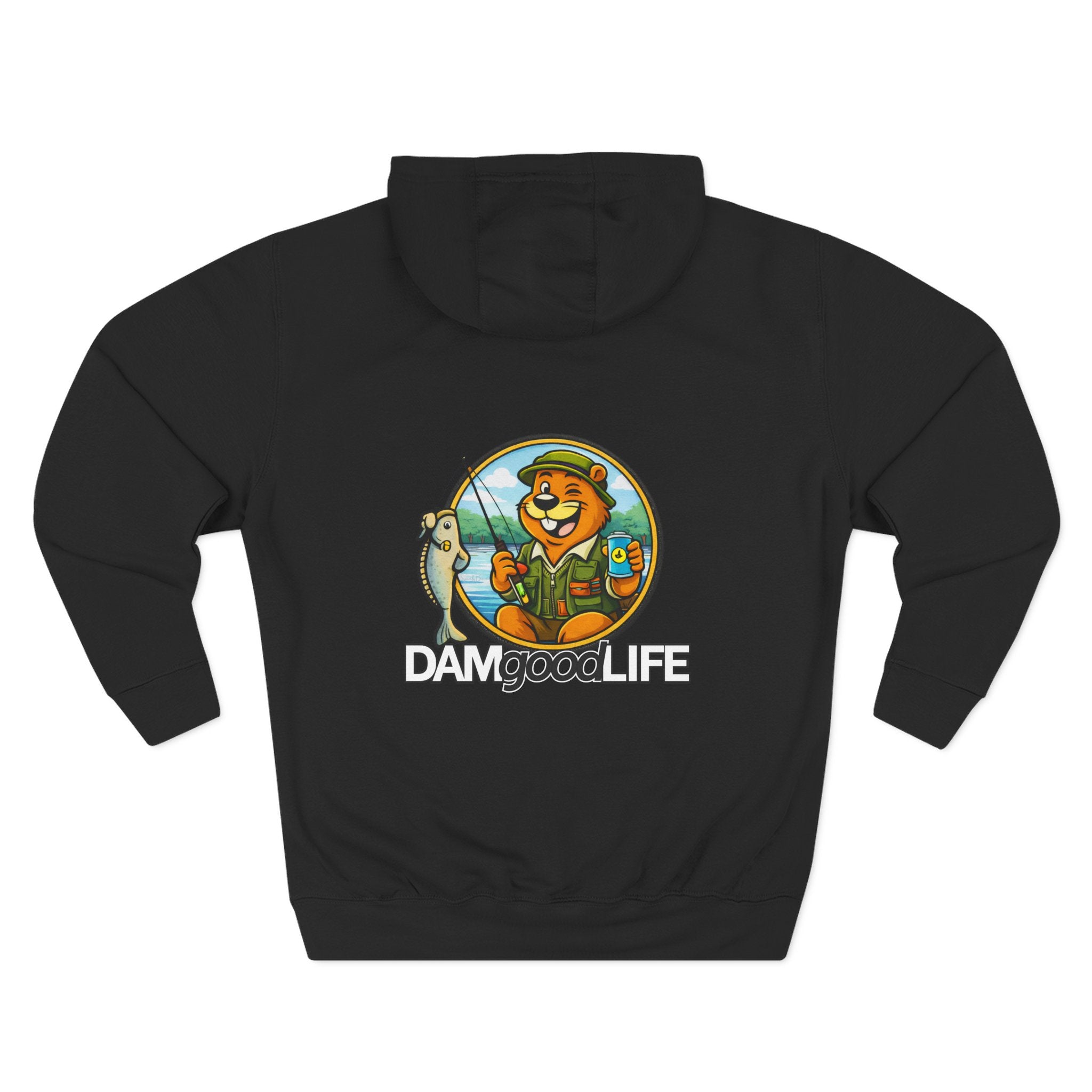 Hoodie "DAMgoodLIFE" Fishing — Cozy Graphic Pullover with Swanky Beaver